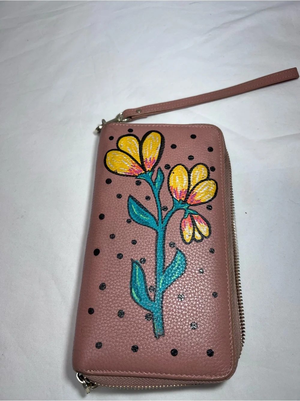 Hand painted full size zip around wallet wristlet blush pink flower floral